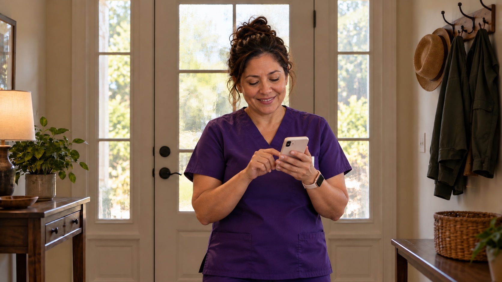 A team member checking a phone at the front door.