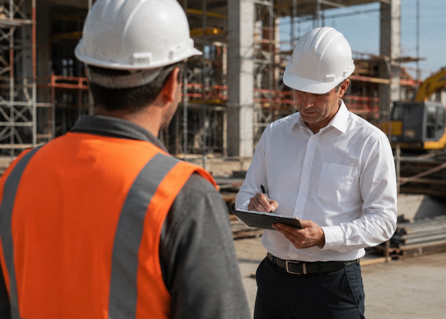 A supervisor in a hard hat writing on a clipboard while talking with a worker in a high-visibility vest at a construction site.